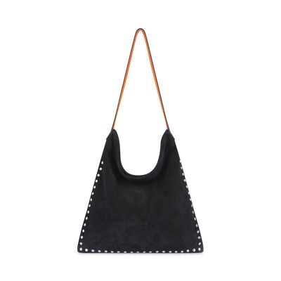 Black leather tote bag, orange handles and silver studs