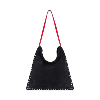 Bolso tote de piel negra, asas rojas y tachuelas plateadas