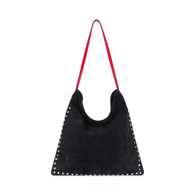 Black leather tote bag, red handles and silver studs