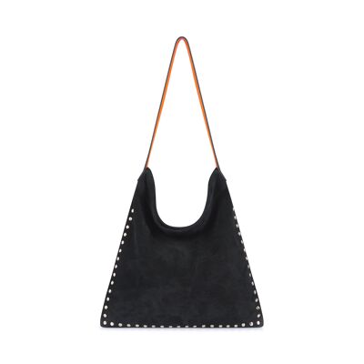 Bolso tote de piel negra, asas naranjas y tachuelas doradas