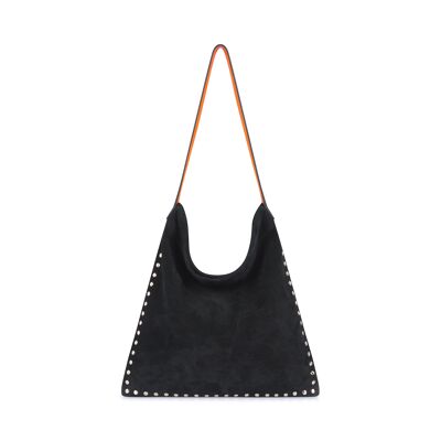 Black leather tote bag, orange handles and golden studs