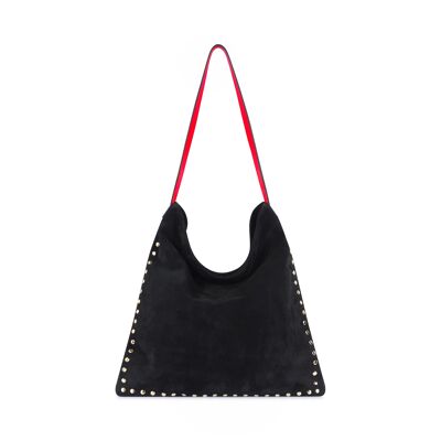 Bolso tote de piel negra, asas rojas y tachuelas doradas