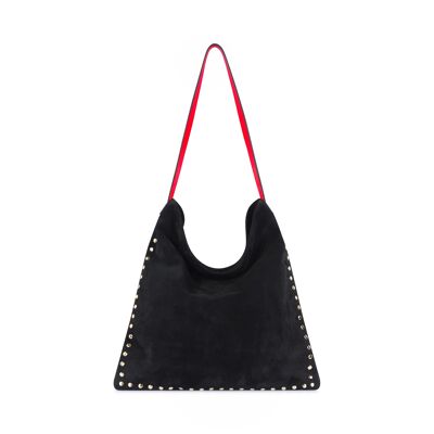 Black leather tote bag, red handles and golden studs
