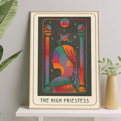 Inktally Tarot - High Priestess- Portrait Art Print, Poster, Psychedelic 70s Wall Art / A5:  148 × 210 mm 5.8 × 8.3 in