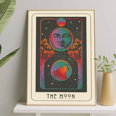 Inktally Tarot - The Moon - Portrait Art Print, Poster, Psychedelic 70s Wall Art / A5:  148 × 210 mm 5.8 × 8.3 in
