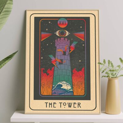 Inktally Tarot - The Tower - Portrait Art Print, Poster, Psychedelic 70s Wall Art / A5:  148 × 210 mm 5.8 × 8.3 in