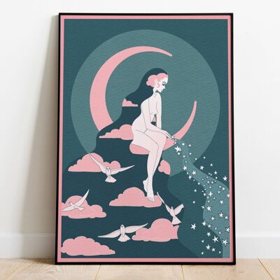 Moon Witch Portrait Art Print, Poster, Psychedelic 70s Wall Art / A5:  148 × 210 mm 5.8 × 8.3 in