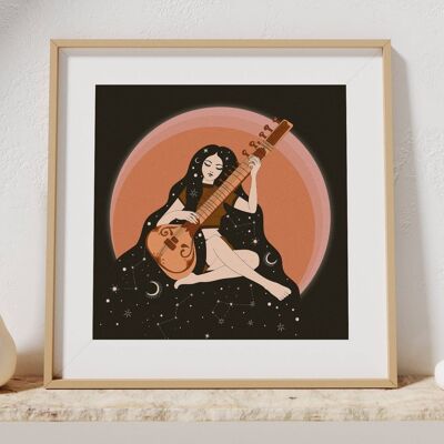 Sitar Girl -  Square Art Print, Poster, Psychedelic 70s Wall Art / 148mm x 148mm (3.7" x 3.7")