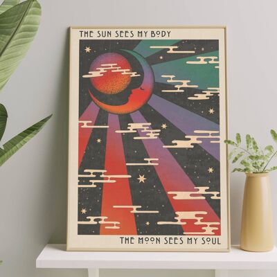 The Sun and Moon Portrait Art Print, Poster, Psychedelic 70s Wall Art / A4:  210 x 297 mm 8.3 x 11.7 in