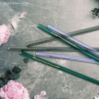 6 colorful (lavender, grey, blue-green) glass drinking straws (20 cm) with print "Togetherness", "Nice that you exist", "Forget-me-not" + cleaning brush