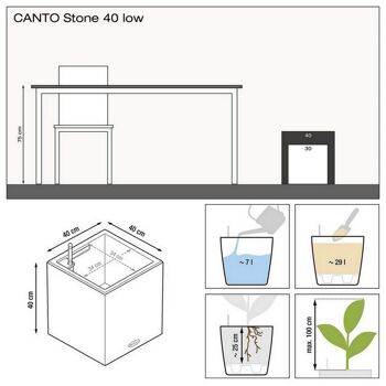 LECHUZA CANTO Stone 40 Low Graphite Black Poly Resin Floor Auto-arrosage Planter with Substrate H40 L40 W40 cm, 29 ltrs Cap. 6