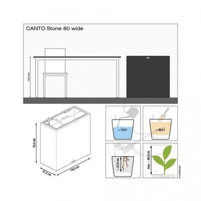 LECHUZA CANTO Stone 80 Wide Stone Grey Poly Resin Floor Self-watering Planter with Substrate H80 L80 W40 cm, 49.5 ltrs Cap.