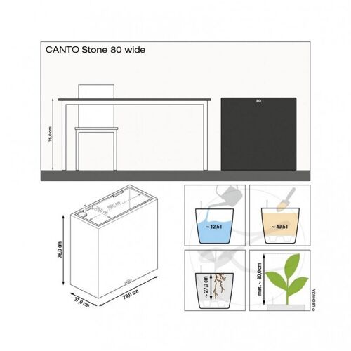 LECHUZA CANTO Stone 80 Wide Quartz White Poly Resin Floor Self-watering Planter with Substrate H80 L80 W40 cm, 49.5 ltrs Cap.