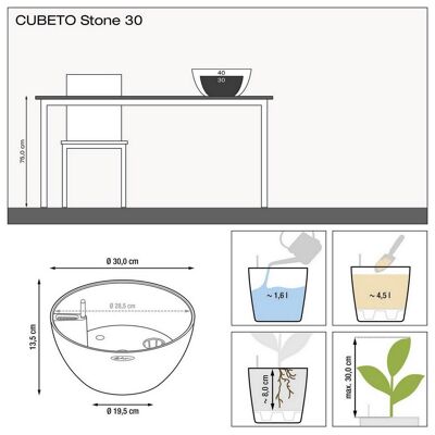 LECHUZA CUBETO Stone 30 Sandy Beige Poly Resin Table Self-watering Planter with Substrate D30 H13 cm, 9.2 ltrs Cap.