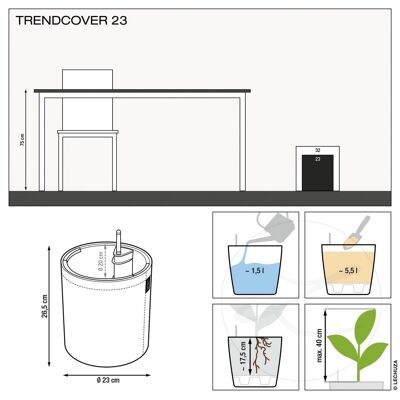 LECHUZA TRENDCOVER 23 Maceta autorriego de suelo de poliresina gris claro fieltro con sustrato P23 H26,5 cm, 5,5 l de capacidad.