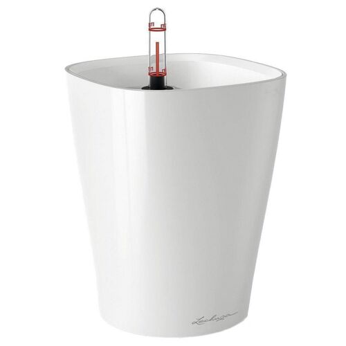 LECHUZA DELTINI Table White High Gloss Poly Resin Table Self-watering Planter with Substrate D14 H18 cm, 2.8 ltrs Cap.