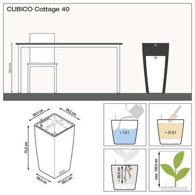 LECHUZA CUBICO Cottage 40 Mocha Poly Resin Floor Self-watering Planter with Substrate H75 L40 W40 cm, 120 ltrs Cap.