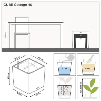 LECHUZA CUBE Cottage 40 Jardinière à arrosage automatique au sol en résine poly gris clair avec substrat H40 L40 W40 cm, 31 ltrs Cap. 6