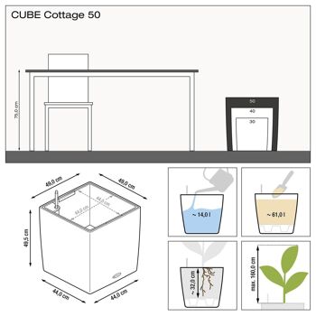 LECHUZA CUBE Cottage 50 Jardinière à arrosage automatique au sol en résine poly gris clair avec substrat H50 L50 W50 cm, 61 ltrs Cap. 10