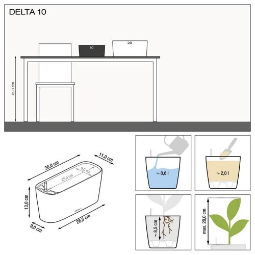 LECHUZA DELTA 10 Shiny Taupe Poly Resin Table Self-watering Planter with Substrate H13 L30 W11 cm, 4 ltrs Cap.
