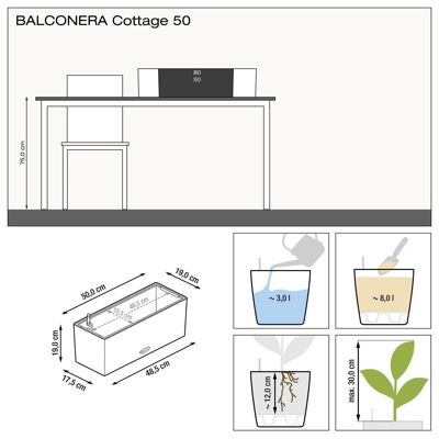 LECHUZA BALCONERA Cottage 50 Granite Poly Resin Window Box Self-watering Planter with Substrate H19 L50 W19 cm, 18 ltrs Cap.