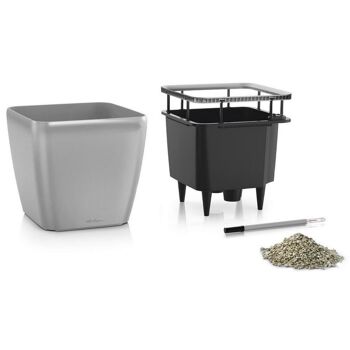 LECHUZA QUADRO LS 28 Jardinière auto-arrosante de table en polyrésine métallisée argentée avec substrat H26 L28 W28 cm, 20 litres Cap. 8