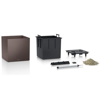 LECHUZA CUBE 40 Jardinière à arrosage automatique au sol en résine poly expresso avec substrat H40 L40 W40 cm, 64 ltrs Cap. 7