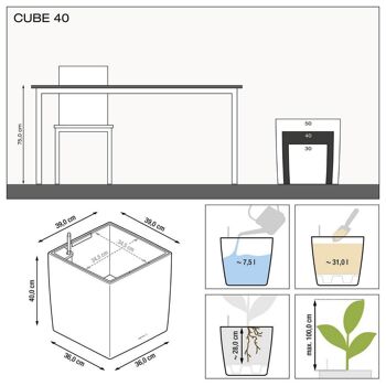 LECHUZA CUBE 40 Jardinière à arrosage automatique au sol en résine poly taupe brillante avec substrat H40 L40 W40 cm, 64 ltrs Cap. 6