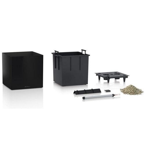 LECHUZA CUBE 40 Black High-Gloss Poly Resin Floor Self-watering Planter with Substrate H40 L40 W40 cm, 64 ltrs Cap.