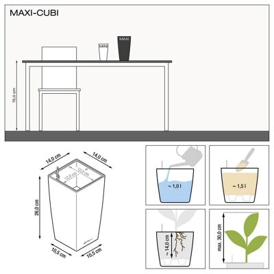 LECHUZA MAXI CUBI Table Charcoal Metallic Poly Resin Table Selbstbewässerungs-Pflanzgefäß mit Substrat H26 L14 B14 cm, 1,5 Ltr. Kap.