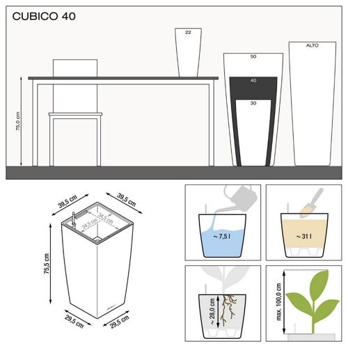 LECHUZA CUBICO 40 Charcoal Metallic Poly Resin Floor Self-watering Planter with Substrate H75 L40 W40 cm, 120 ltrs Cap.