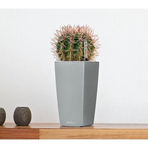 LECHUZA CUBICO 22 Silver Metallic Poly Resin Table Self-watering Planter with Substrate H41 L22 W22 cm, 20 ltrs Cap.