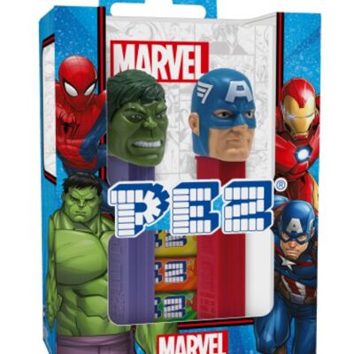 PEZ – Twin pack Licence Marvel – Combinaison unique de bonbons aux goûts fruits et d’un distributeur – Contient 2 distributeurs PEZ + 4 recharges de bonbons personnages aléatoires