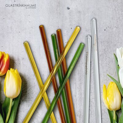 6 colorful (amber, yellow, green, clear) glass drinking straws (20 cm) with print "Spring Fever", "Spring Ripe", "Spring Time" + cleaning brush