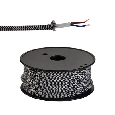 Rollo de 25 m Cable trenzado de 2 núcleos de rayas onduladas blancas y negras de 0,75 mm Aprobado por VDE / VL09319