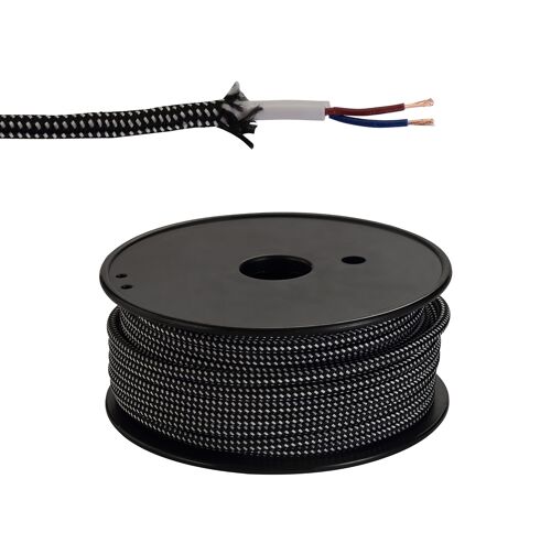 25m Roll Black & White Spot Braided 2 Core 0.75mm Cable VDE Approved / VL09320