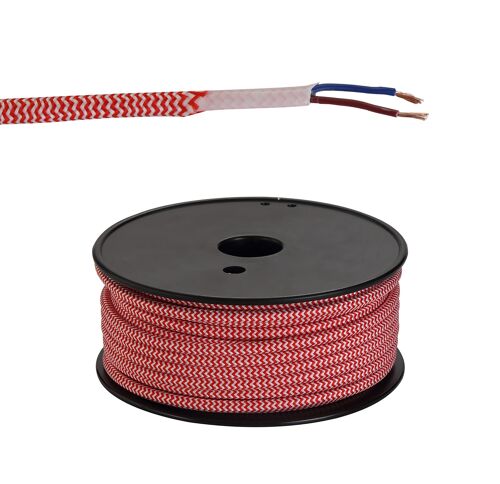 25m Roll Red & White Wave Stripes Braided 2 Core 0.75mm Cable VDE Approved / VL09321