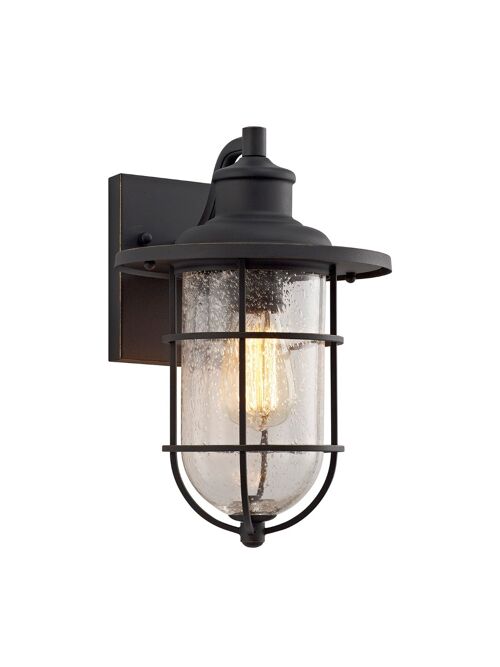 Araminta Wall Lamp, 1 x E27, Black/Gold With Seeded Clear Glass, IP54 / VL08429