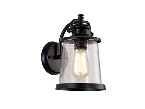 Charlotte Wall Lamp, 1 x E27, Black/Gold With Seeded Clear Glass, IP54 / VL08430