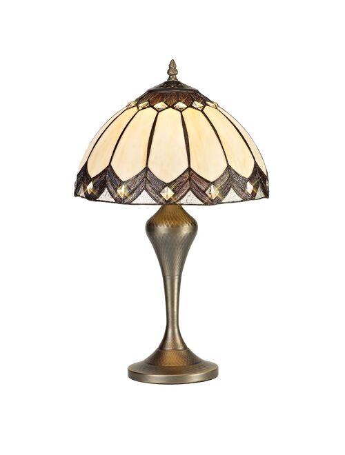 Inessa Tiffany Table Lamp, 1 x E27, Aged Antique Brass Base/Cream/Brown Glass/Clear Crystal / VL08460