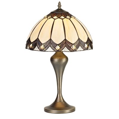 Inessa Tiffany Table Lamp, 1 x E27, Aged Antique Brass Base/Cream/Brown Glass/Clear Crystal / VL08460