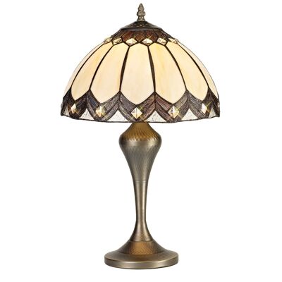 Lampe de table Inessa Tiffany, 1 x E27, base en laiton antique vieilli/crème/verre marron/cristal clair / VL08460