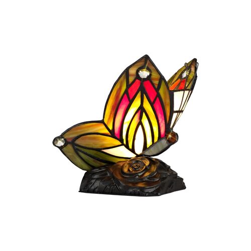 Ingrid Tiffany Butterfly Table Lamp, 1 x E14, Black Base With Green/Red Glass With Clear Crystal / VL08533