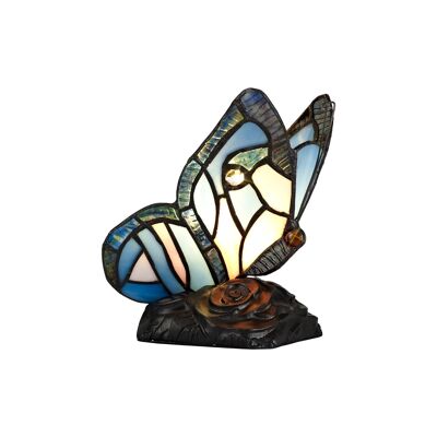 Ingrid Tiffany Butterfly Table Lamp, 1 x E14, Black Base With Blue/Pink Glass With Clear Crystal / VL08534