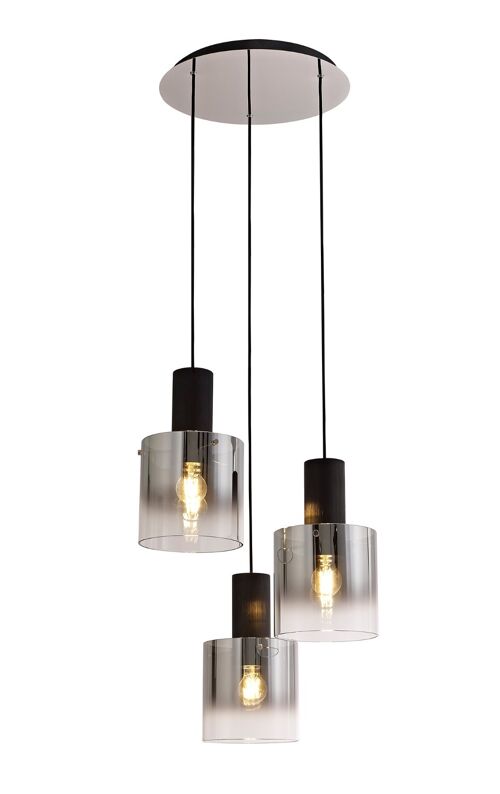 Kira Round Pendant, 3 Light Adjustable E27, Black/Smoke Fade Glass / VL08825