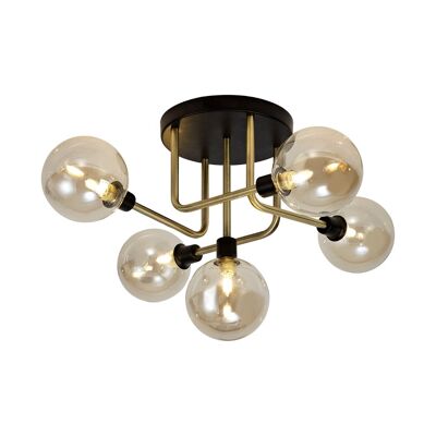 Viktoria Flush Ceiling, 5 Light G9, Matt Black/Antique Brass/Cognac Glass / VL08964