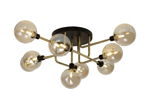 Viktoria Flush Ceiling, 9 Light G9, Matt Black/Antique Brass/Cognac Glass / VL08965