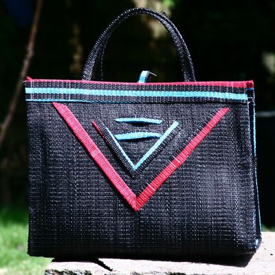 African woven tote bag in recycled plastic - Black - Fuchsia details