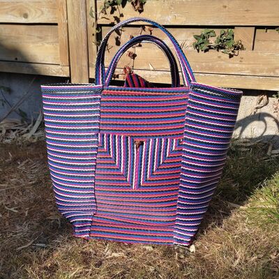 Afrikanisch gewebte Einkaufstasche aus recyceltem Kunststoff - Streifen - Lila-Rot