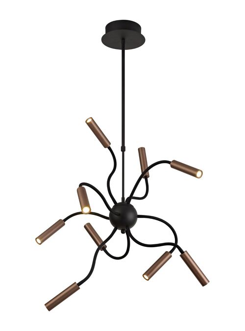 Lacey Sputnik Pendant, 9 Light Adjustable Arms, 9 x 4W LED Dimmable, 3000K, 2250lm, Black/Satin Copper, 3yrs Warranty / VL09417